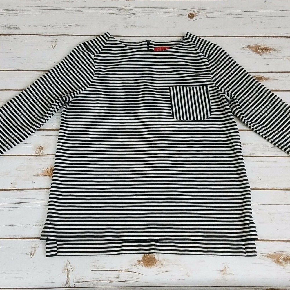 Elle Women's Black White Striped Back Zip Knit Top